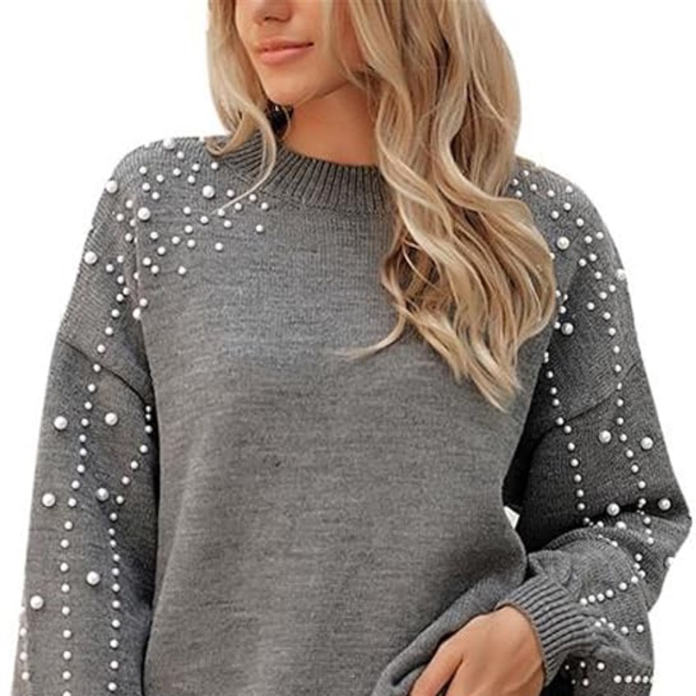 Blooming Jelly Grey Sweater with Pearl Sleeves Size Medium